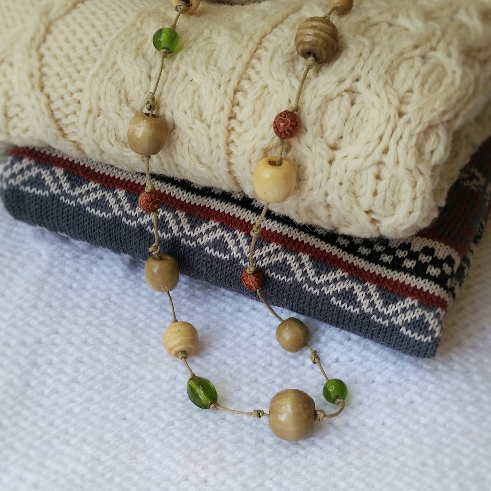 Rustic fall color necklace of wood and glass beads